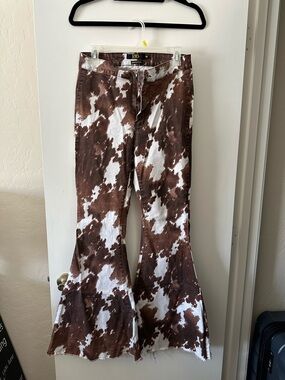 Lucky & Blessed High Rise Brown and White Cowprint Flare Jeans